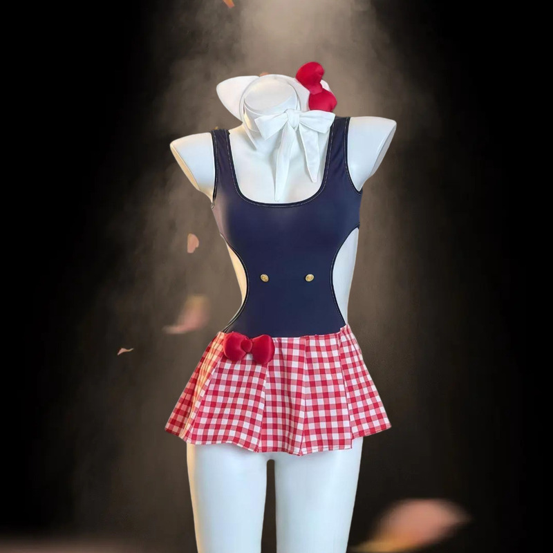 New Soft and Cute Kitty-Chan Splicing Jumpsuit Nightgown Sexy Flirting Buttocks-Free Uniform Pajamas Set Q