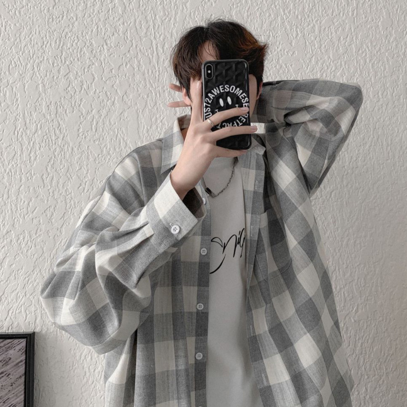Camisa a cuadros estilo coreano Primavera de los hombres ins juventud camisa de manga larga 2021 suelta moda guapo abrigo del todo fósforo