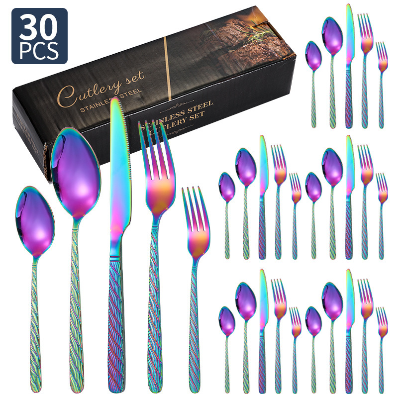 Vajilla de acero inoxidable de Amazon, bistec, cuchillo, tenedor, cuchara, cuerda de cáñamo, juego de 20/24/30 piezas, juego de cuchillo y tenedor de comida occidental de hotel