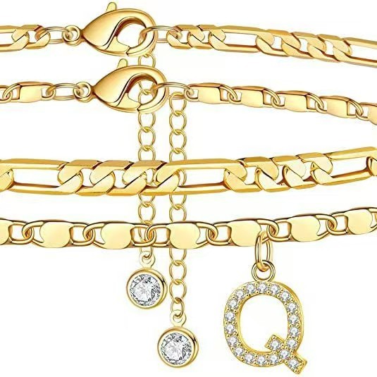 14k Gold Plated Layered Figaro Chain Anklet Set With Cz Initials_voghion.com