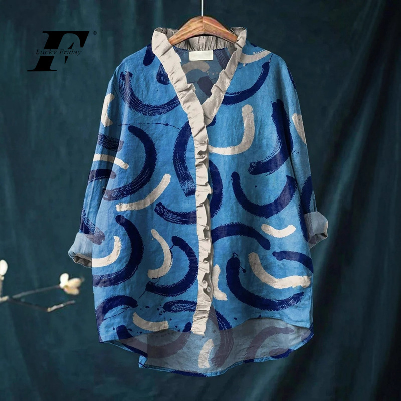 2025 Summer New Style Temu Amazon Aliexpress Loose Printed Casual Large Size Lace Women's Shirt E888