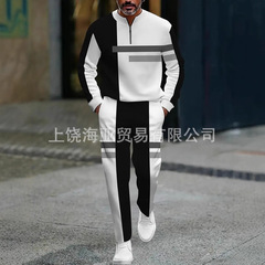 2025跨境欧美外贸大码男套装潮流时尚拼接撞色休闲男装两件套