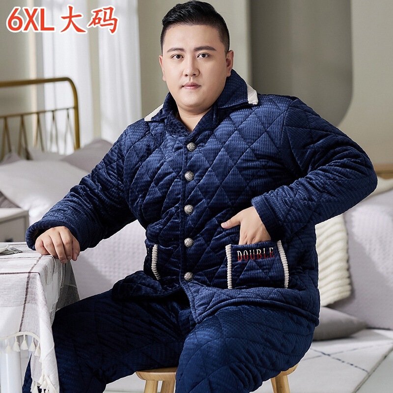 Fat Guy plus size pajamas men's winter three-layer cotton-padded jacket cardigan flannel thickened flannel home wear suit