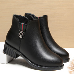 Mama Shoes Autumn/Winter 2021 New Arrival Cotton Shoes for Middle-Aged Adults, Fleece Lined Leather Boots with Thick Heels, Soft Leather Short Boots