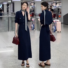 时尚连衣裙女2025秋季新款亚马逊气质百搭简约复古长款假两件裙子