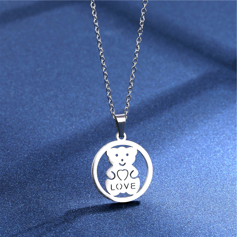 Simple Geometric Round Hollow Love Bear Stainless Steel Necklace Earrings Set