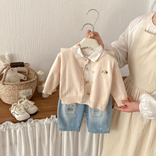 点兮春季新款婴幼儿针织开衫套装女宝宝毛衣外套衬衫牛仔裤三件套