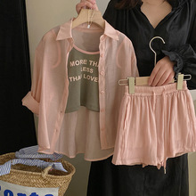 Yumi Cocoa2024夏季新款女童时尚字母吊带休闲宽松薄款衬衫短裤套