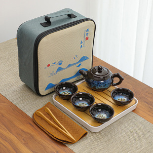 Travel Kung Fu Tea Set Simple Tianmu Glaze Brushed Sand Gold Glaze Dropping Pot Real Estate Business Meeting Accompanying Gift