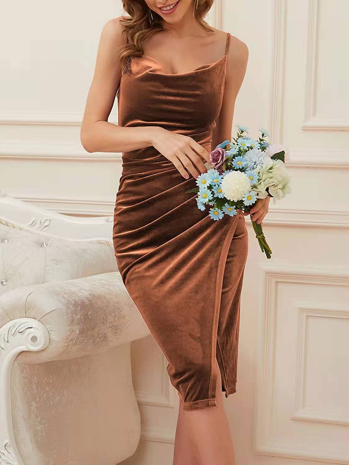 Women's Pencil Skirt Fashion Boat Neck Patchwork Pleated Sleeveless Solid Color Midi Dress Daily display picture 19