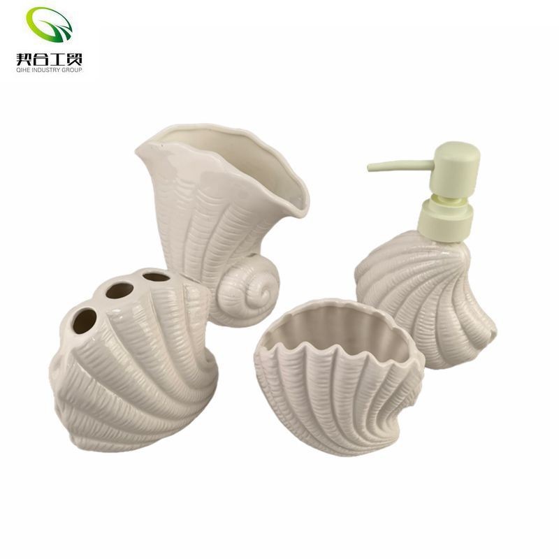 Juego de lavado de baño con forma de concha europea y americana transfronteriza Juego de baño de cuatro piezas de baño con caracol de cerámica creativa