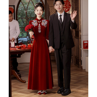 新中式旗袍敬酒服新娘订婚结婚晚礼服红色2025新款丝绒长袖礼服-阿里巴巴