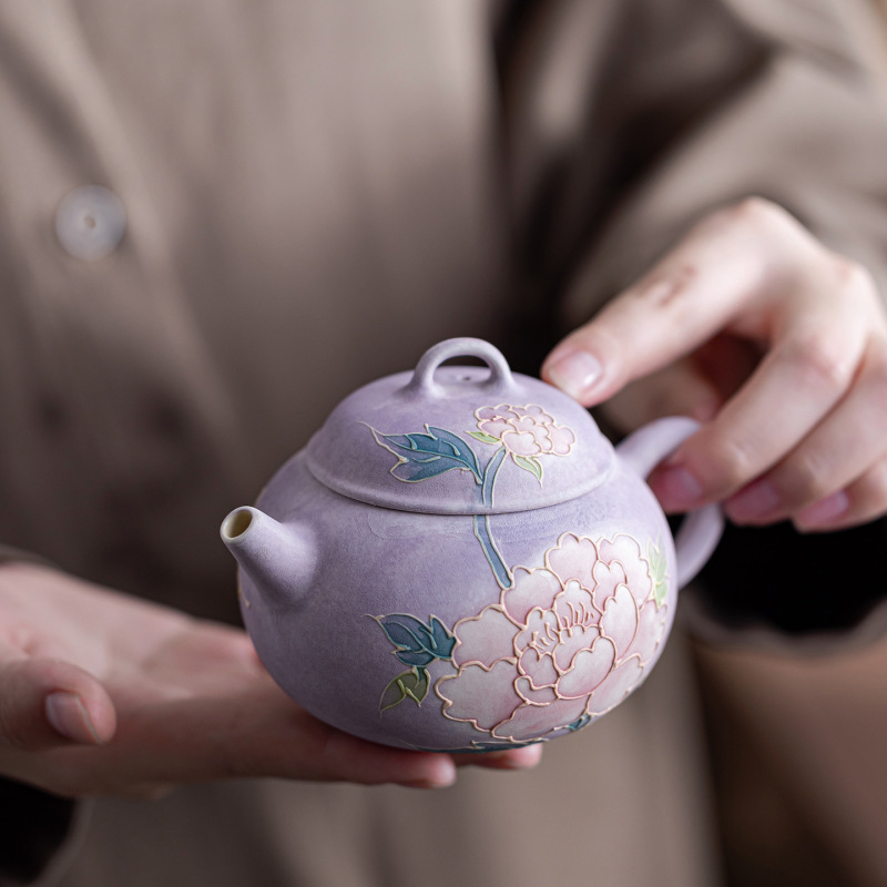 新中式手绘堆雕牡丹茶壶单壶家用陶瓷精致功夫茶具女士专用泡茶壶|undefined