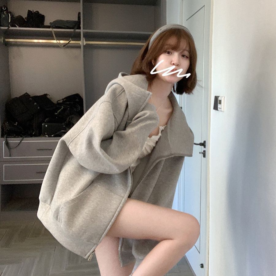 韩系校园风简约百搭拉链连帽卫衣女2025秋秋款宽松慵懒外套