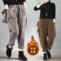 クロスボーダー単層コーデュロイハーレムズボン秋冬新作純色文芸レトロ婦人服ゆるいポケットカジュアルズボン