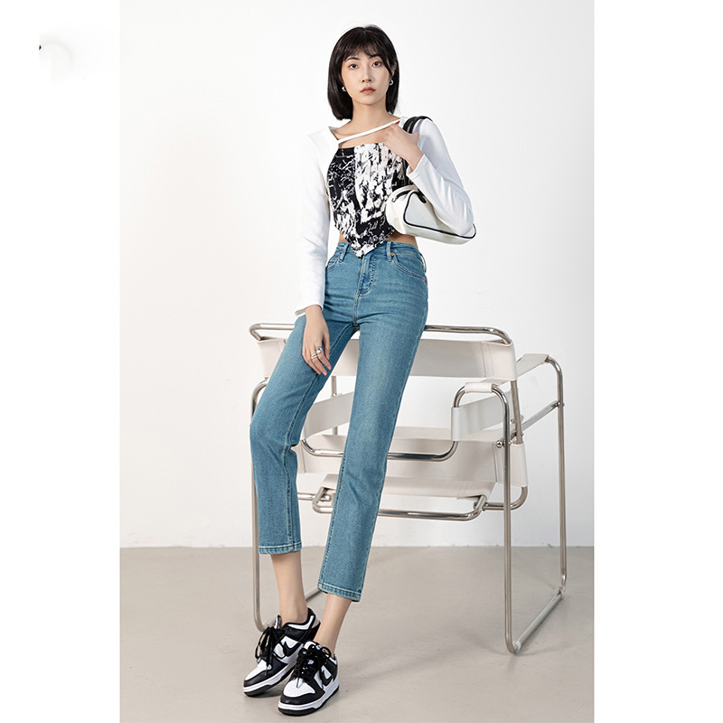 Blue Slim-Fit Straight-Leg Jeans for Women, New Autumn High-Waisted Slimming Cigarette Pants for Petite Figures 166