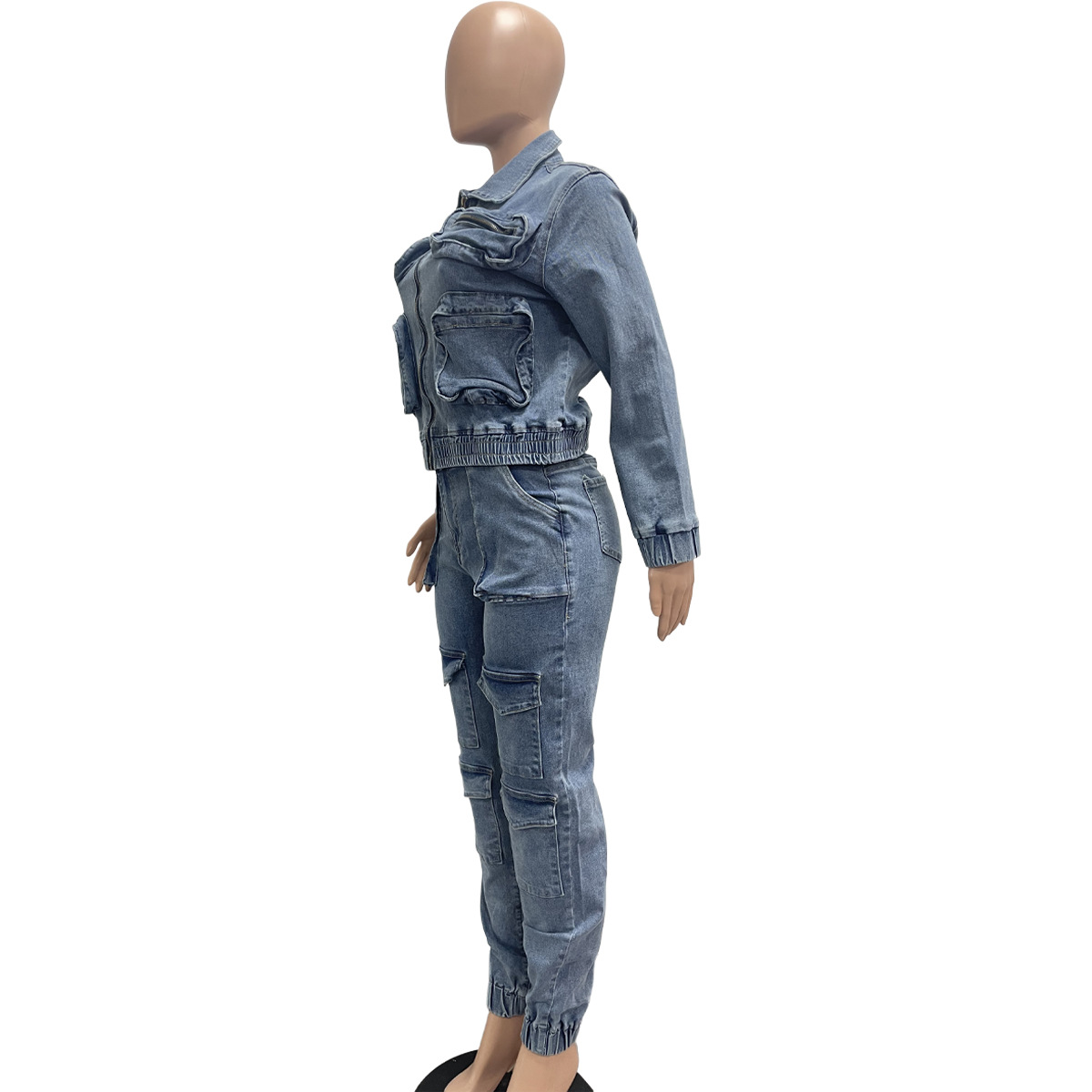 Damset i stretch denim med högmidjade byxor och jacka_voghion.com