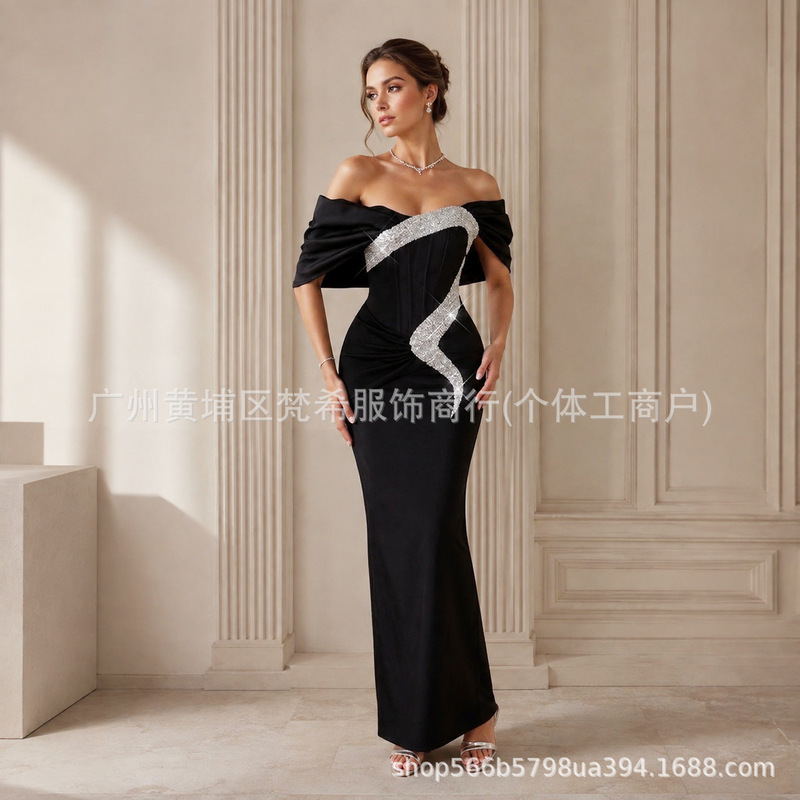 New cross-border European and American women's dress, fashionable, light luxury, high-end, rhinestone-embellished, off-shoulder, slim-fit bandage evening gown New cross-border European and American women's dress, fashionable, light luxury, high-end, rhinestone-embellished, off-shoulder, slim-fit bandage evening gown