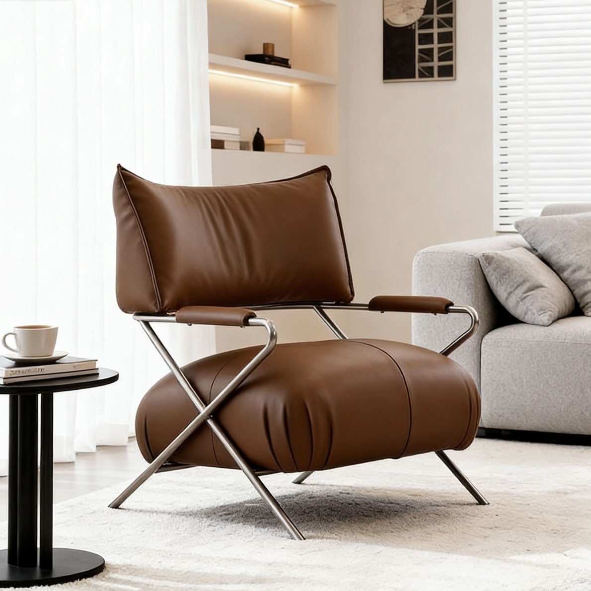 Retro Brown Leather Modern Leisure Chair Italian Minimalist Black Bauhaus Armchair for Homestay Cafe Designer