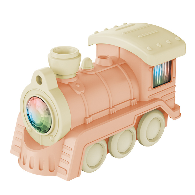Niños suspendidos soplando bola tren iluminado concierto spray multifuncional tren pequeño juguetes eléctricos al por mayor cruce