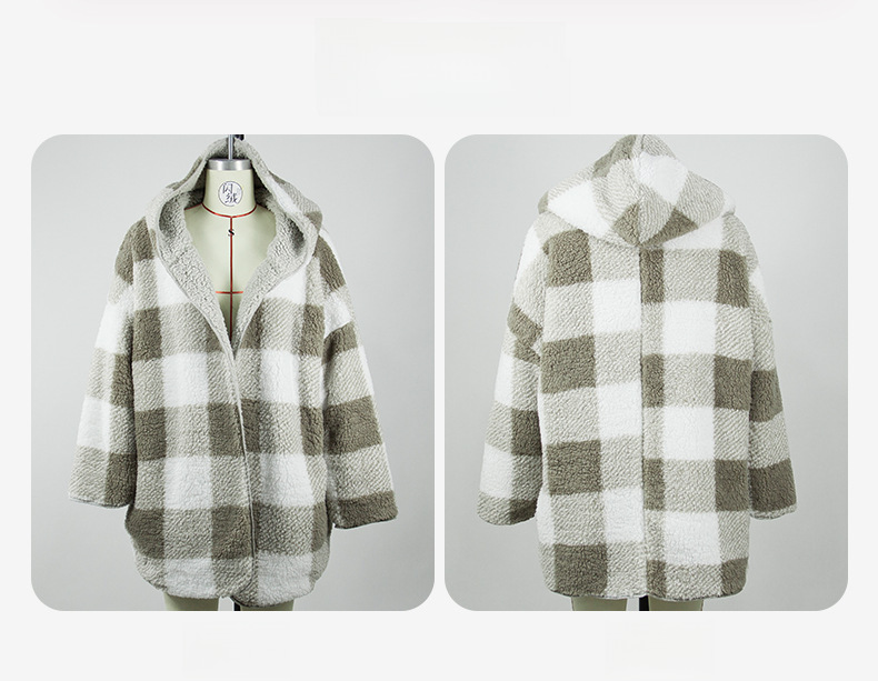 Flash Velvet European and American New Casual Plush Women's Hooded Regular Long Sleeve Loose Plaid Bubble Velvet Coat_voghion.com