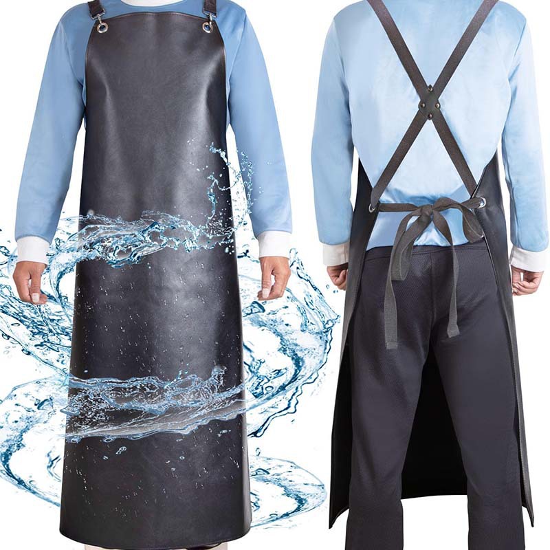Amazon PU delantal de cuero cocina protección laboral ropa de trabajo para adultos perforación negro impermeable a prueba de aceite abrigo de cuero delantal