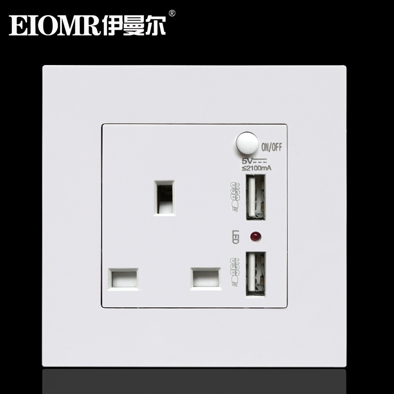 13A British Standard Socket with Switch and Double USB Charging Square Foot Square Hole Switch Panel Hong Kong British Standard Socket
