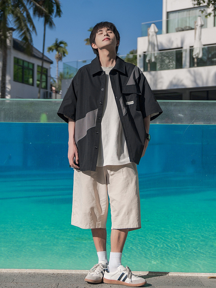 Diseño de costura camisa de manga corta de los hombres de verano japonés Cityboy suelta casual solapa ropa de trabajo camisa chaqueta