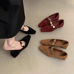 フレンチイブニングスタイルレトロスクエアトゥパンプス女性のための春と秋の新しいスエード気質カジュアル厚いヒールメリージェーンシューズ