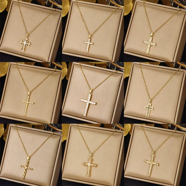European and American style golden diamond cross necklace light luxury niche design pendant net red clavicle chain jewelry wholesale