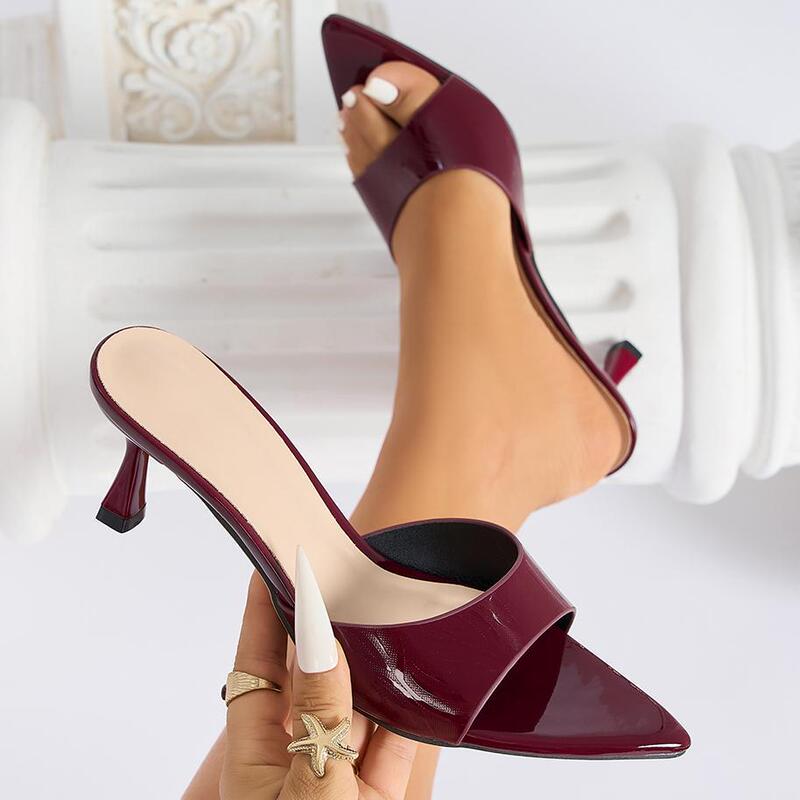 Women's Spring and Summer Gorgeous Style Willow Leaf Pattern Mature Temptation Burgundy Kitten Heel Sandals Banquet Party Home Travel