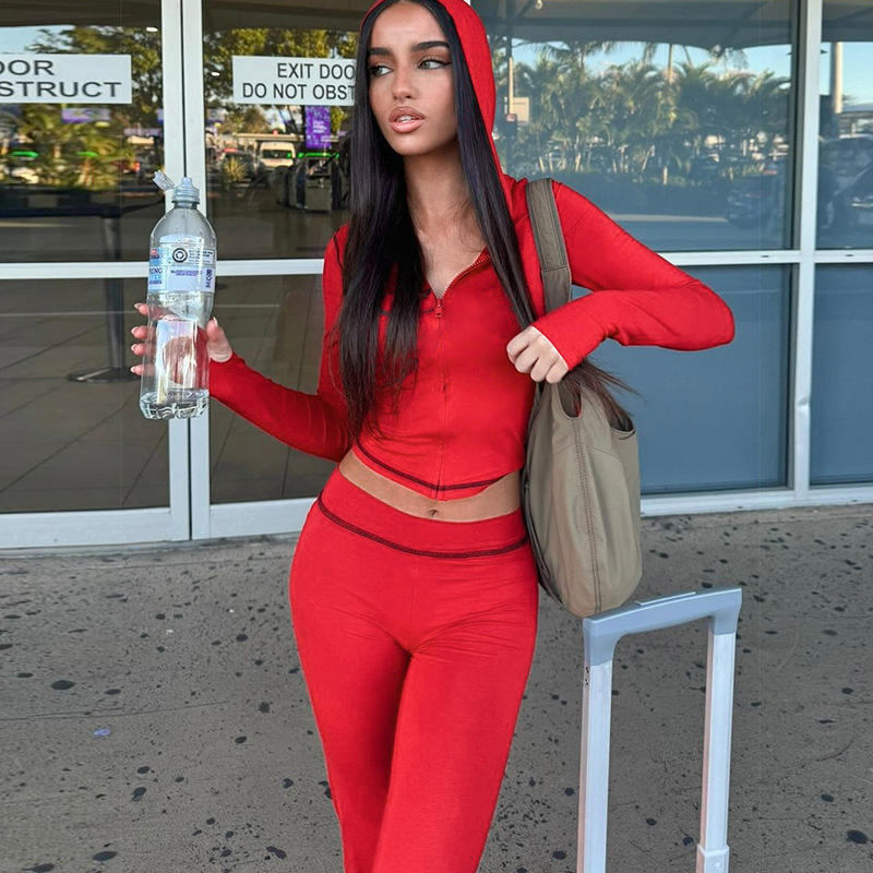 Autumn Hooded Cardigan Top Leopard Print High Waist Tight Trousers Suit Women