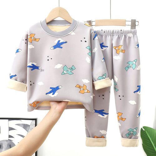 Children's warm innerwear set for boys and girls, middle and young children, with added padding and thickness, autumn tops and bottoms, baby sleepwear for infants and young children.