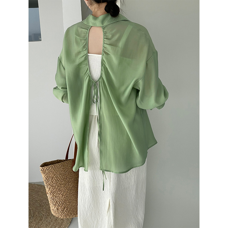 [Benefit Item, No Returns or Exchanges] Stylish Lace-Up Sun Protection Shirt for Women, Casual Back-Slit Blouse 2522