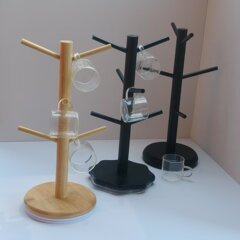竹製6ポジションカップホルダー、ベース付き、多機能回転収納ラック、玄関ホールキーハンギングジュエリーマグホルダー