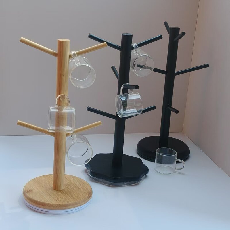 竹製6ポジションカップホルダー、ベース付き、多機能回転収納ラック、玄関ホールキーハンギングジュエリーマグホルダー|undefined