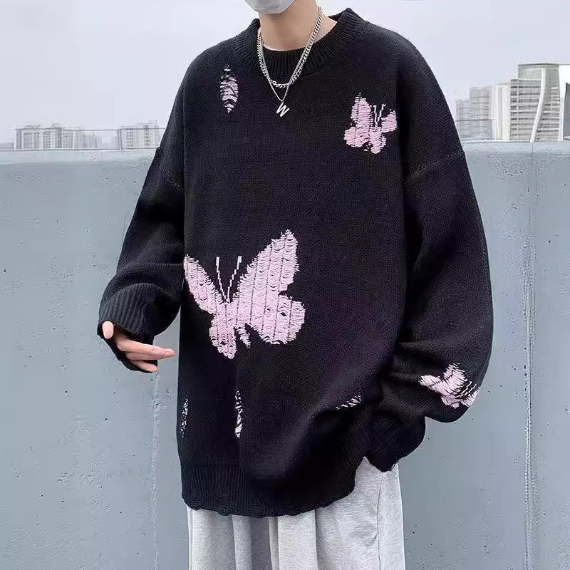 Men's Clothing fashion Y2K butterfly embroidery distressed sweater unisex loose pullover sweater_voghion.com