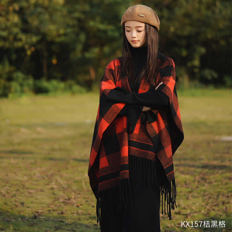 Chaqueta de abrigo de capas de bordas a cuadros franceses de otoño para mujeres con un pequeño chal de lana con una bufalla de abrigo grueso