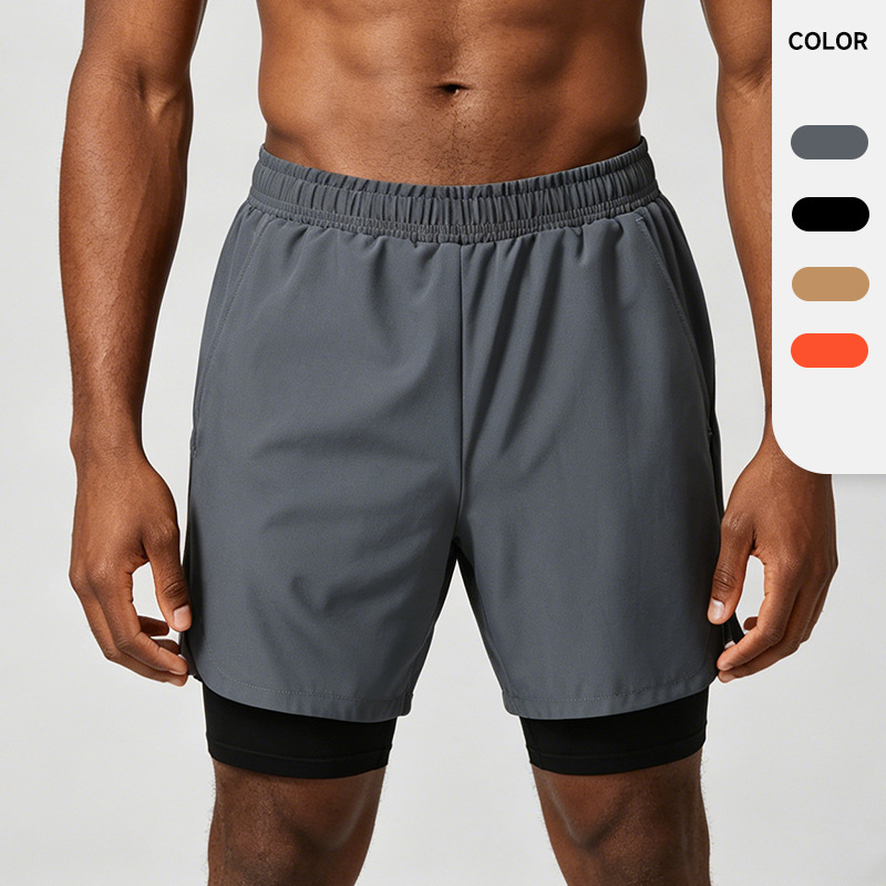 European and American Cross-Border Foreign Trade Summer Two-Piece Fitness Casual Men's Double-Layer Ice Silk Quick-Dry Running Sports Shorts