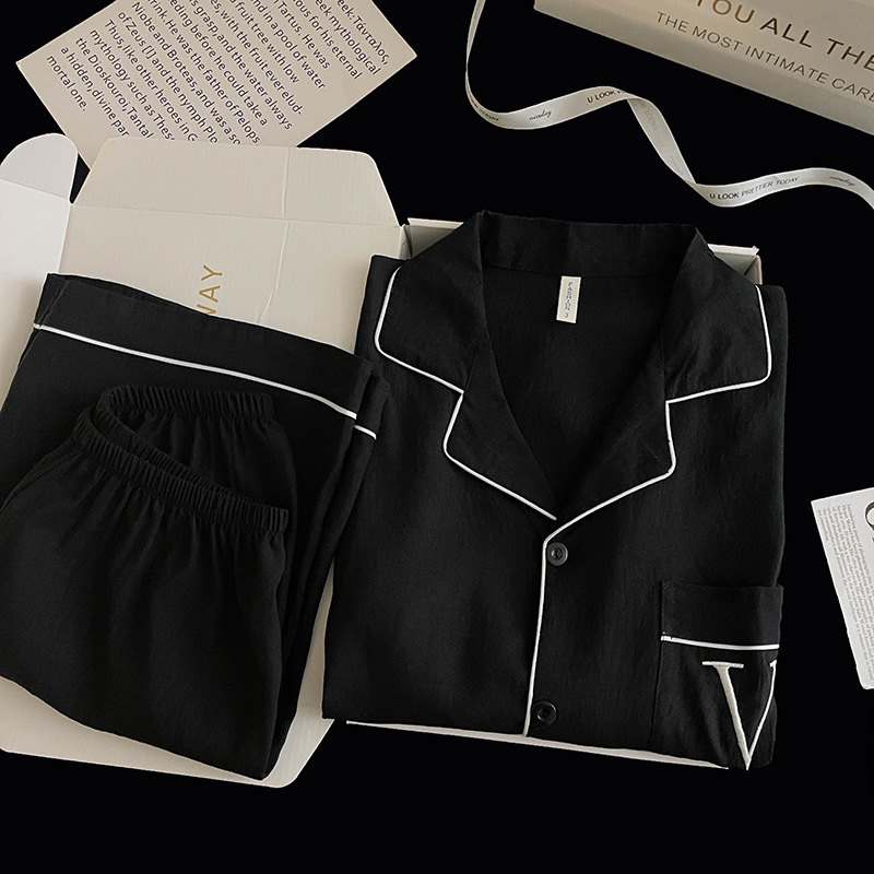 Summer Men's Cloud Cotton Two-Piece Pajamas, Simple Solid Color Embroidery, Can Be Worn Outside, Home Clothes, Thin Foreign Trade Wholesale