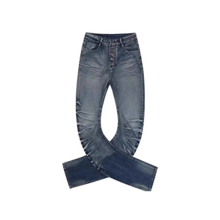 Cross-Border American Retro Washed Ripple Flared Jeans for Men, New Style, Hot Girl Buttoned Pleated Straight Slimming Long Pants