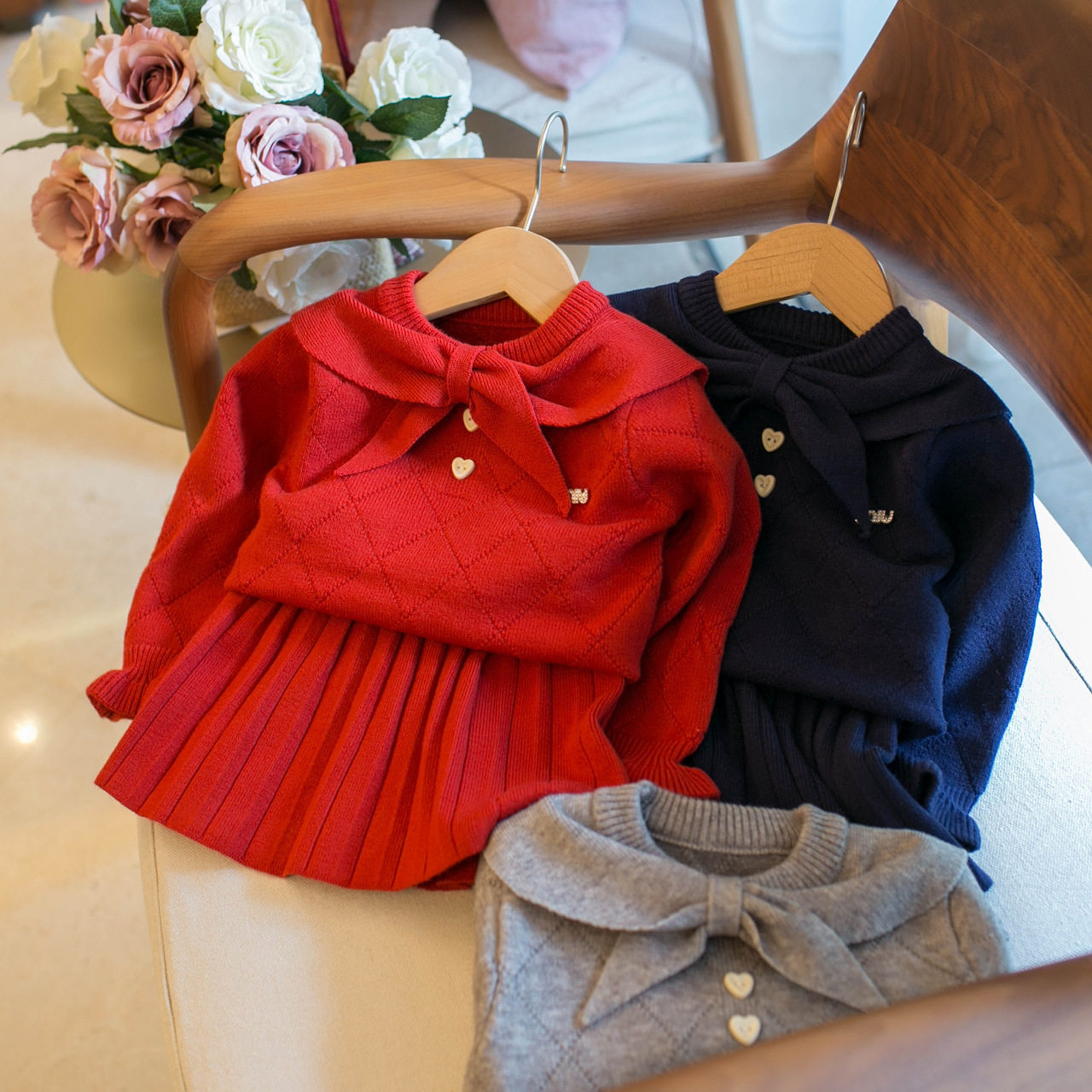 Autumn demi-season sophisticated set with bow, cardigan, Korean style, children's clothing