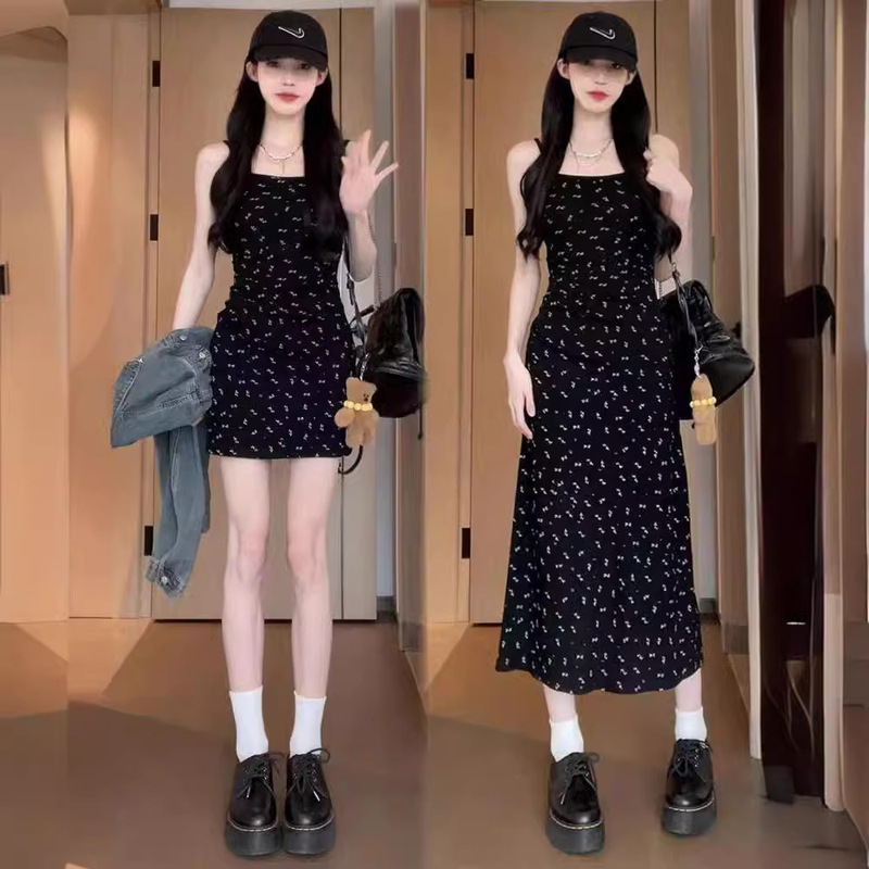 Plus-Size French-Style Black Floral Spaghetti Strap Dress for Women, Spring 2025, Slimming and Figure-Flattering Waist-Cinching Long Dress with a Sweet and Spicy Style