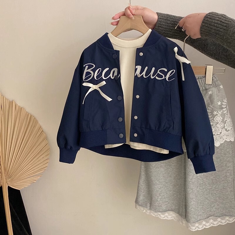 韓国子供服女の子春ジャケット 2025 新しいガールズファッションリボンレター野球ジャケットトップ|undefined