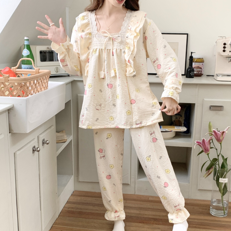 Estilo puro deseo otoño e invierno nuevo pijama de las mujeres tejido de algodón fresco manga larga ins estilo dulce encaje desgaste del hogar traje