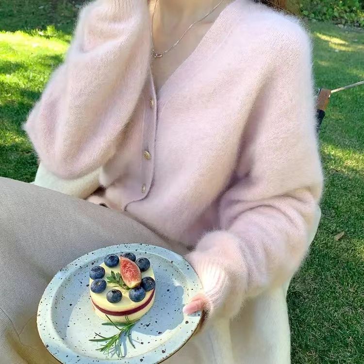 休闲百搭宽松法式复古奶蓝色V领毛衣女秋冬开衫外套新款上衣|undefined