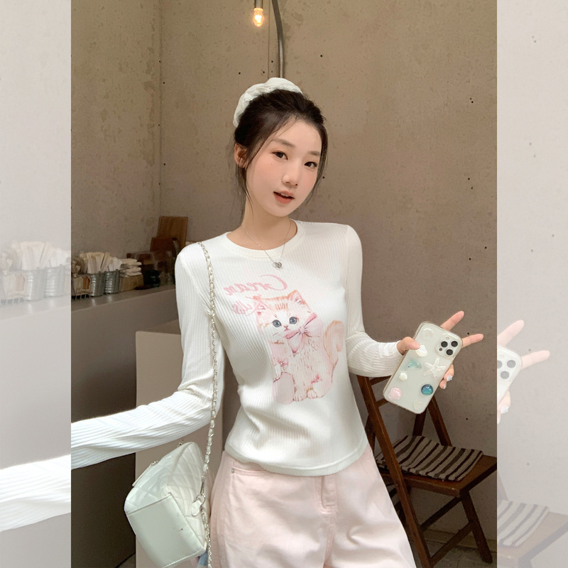 Unique Texture Cat Print Design Long-Sleeve T-Shirt for Women, Early Autumn 2026 New Style, Stunning Top