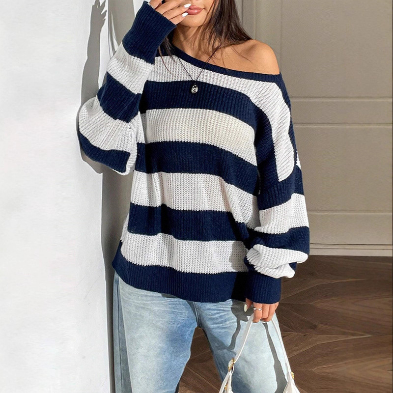 Amazon European and American New Autumn and Winter Fashion Casual Versatile Stripesd Knitted Loose Round Neck Lv Women's Long-Sleeved Sweater Amazon European and American New Autumn and Winter Fashion Casual Versatile Stripesd Knitted Loose Round Neck Lv Women's Long-Sleeved Sweater