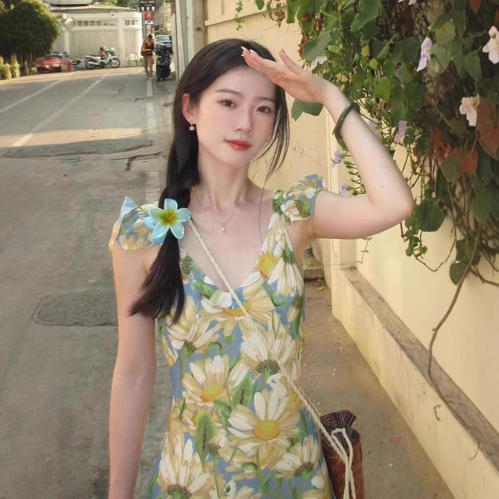 차 브레이크 프랑스 유화 꽃 슬링 원피스 어린이 여름 새 해변 해변 달콤한 미디 원피스