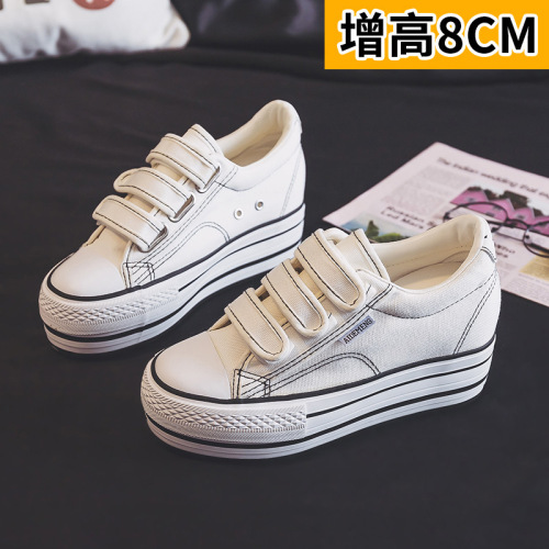 Women's canvas shoes with an inner height of 8 cm 2024 new autumn thick-soled Velcro Korean style lazy student sneakers